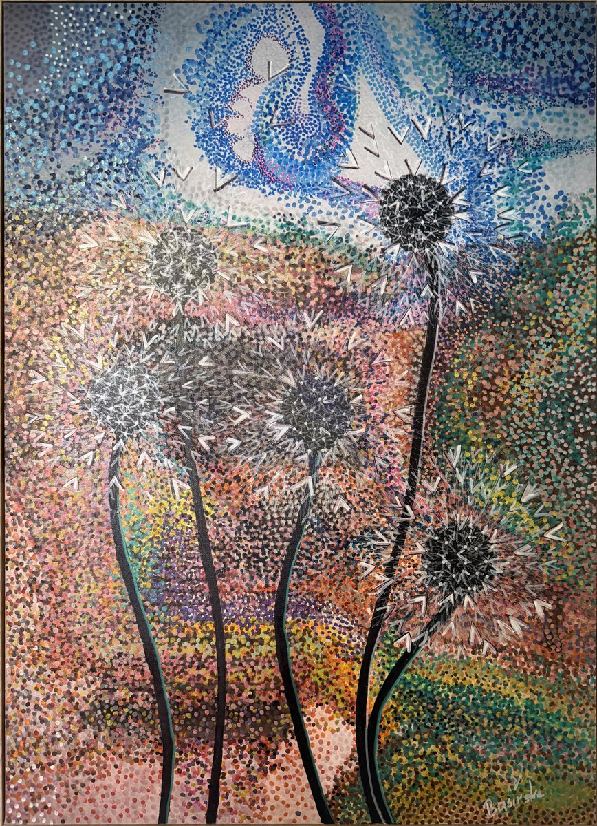 Dandelion seed heads across a softly coloured landscape under a swirling blue sky — abstract botanical artwork by Aneta Basinska.