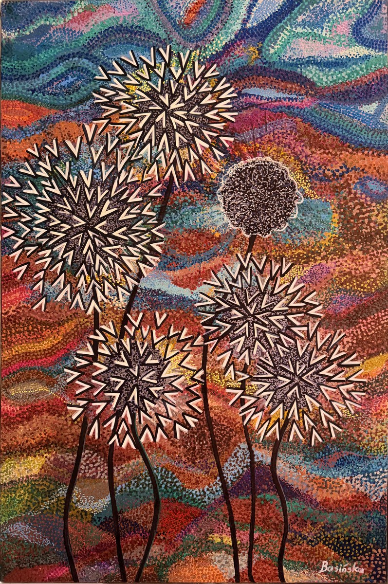 Dandelion seed heads over a vivid, rainbow-toned field of flowing dotwork — abstract botanical artwork by Aneta Basinska.