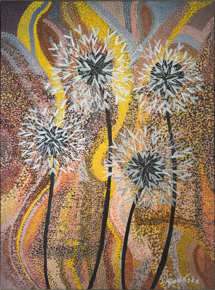 Four dandelion seed heads over a warm amber and gold dotwork field — abstract botanical artwork by Aneta Basinska.