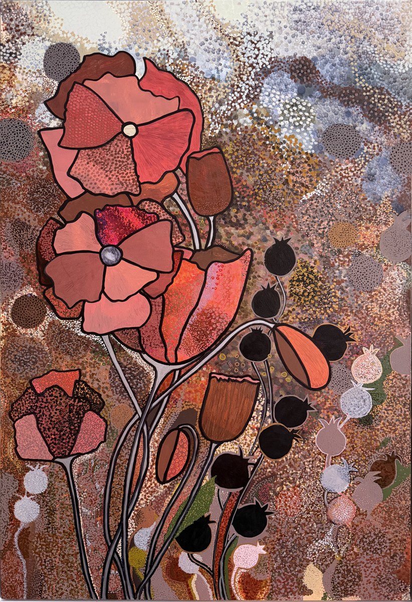 Deep red and copper poppies over a dense field of earthy dotwork — abstract floral artwork by Aneta Basinska.